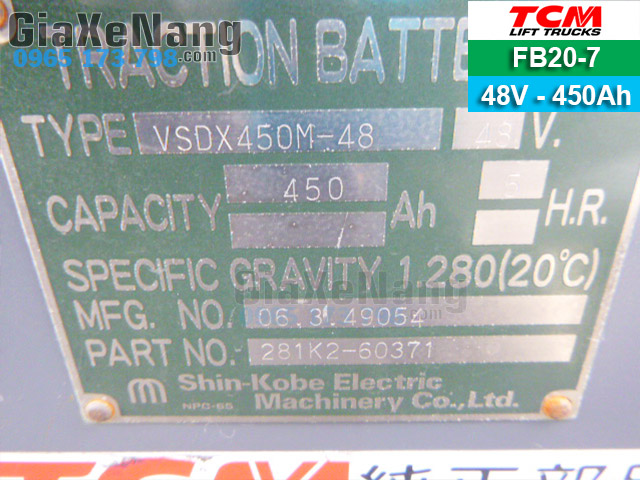 bình điện xe nâng tcm FB20-7 48V - 450Ah