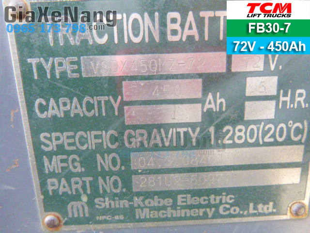 bình điện xe nâng điện tcm FB30-7 72V-450Ah